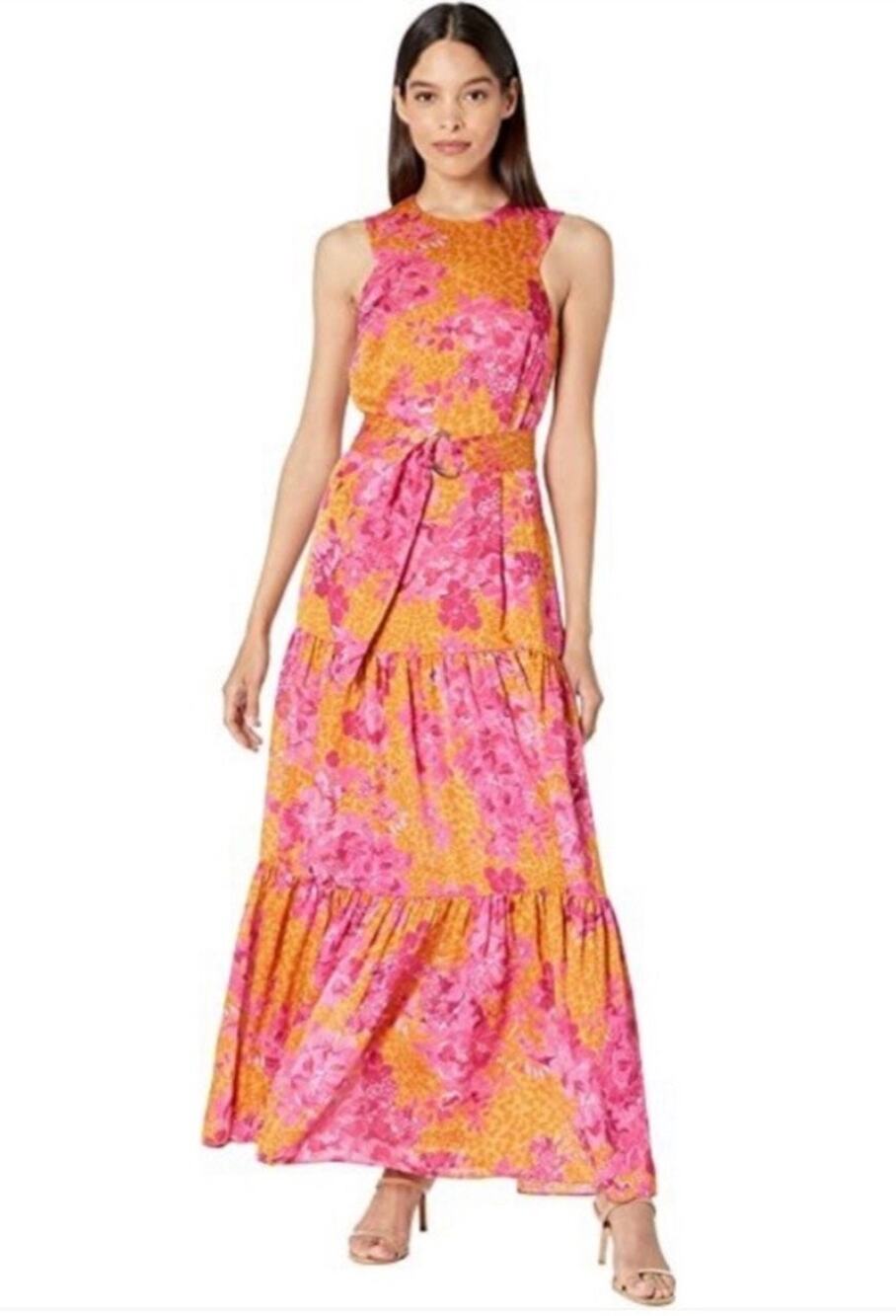 Ted Baker London Bambia Orange pink floral tiered maxi dress 3 / US 8
